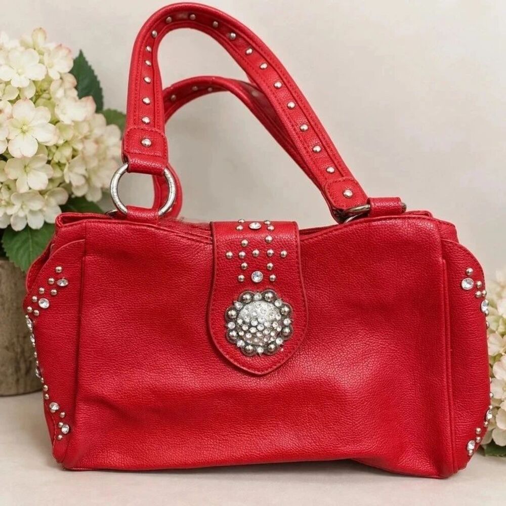 Rustic Couture Red Rhinestone Studded Satchel Handbag Y2K Western Bling Glam